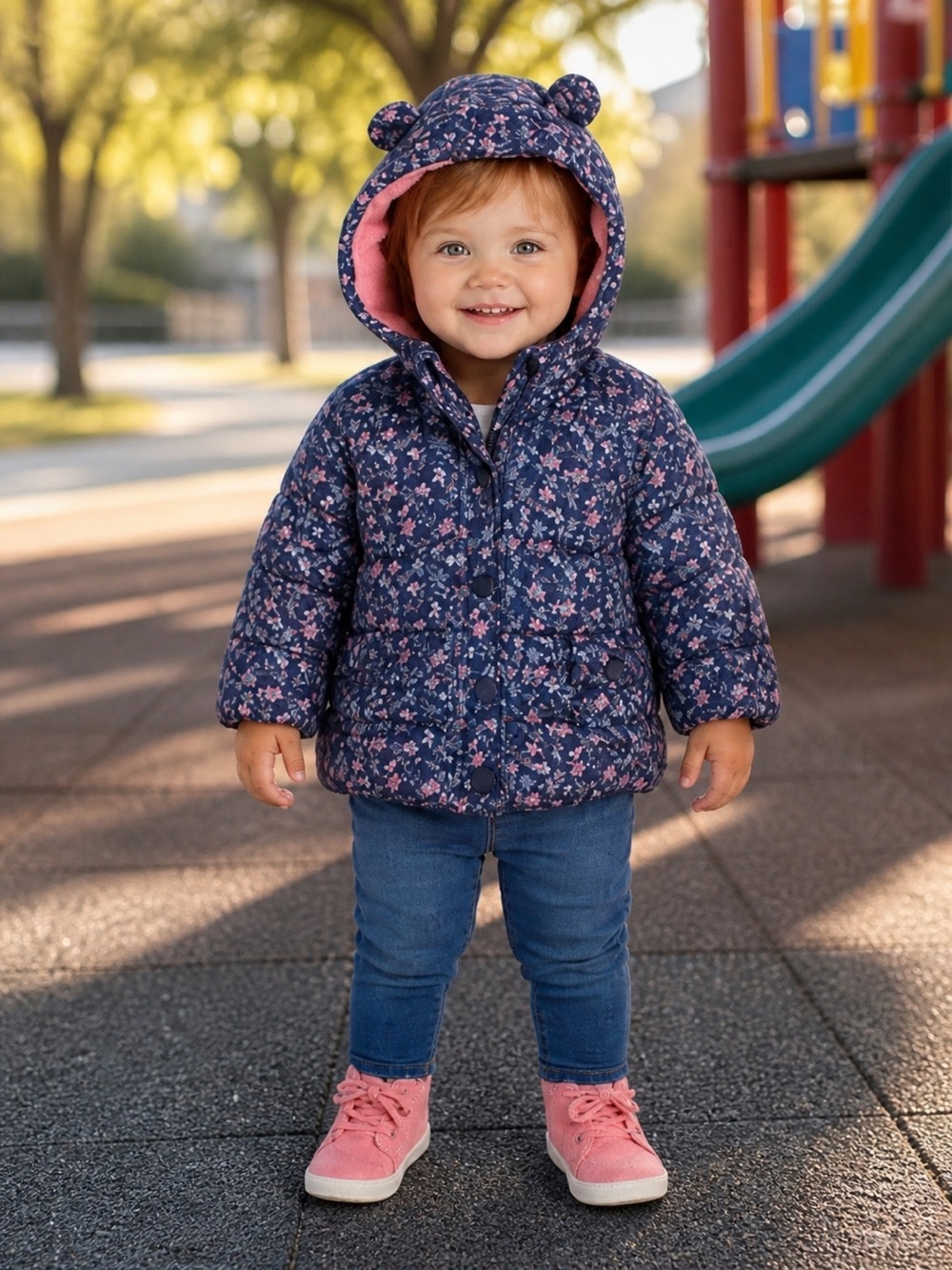 Carters Child’s Puffer Coat with Blue Floral Print. Size 18 months.